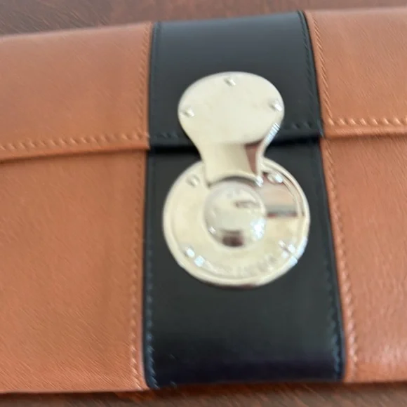 NWT Ralph Lauren Ricky Purple Label Leather Wallet Iconic Brown and Navy Color